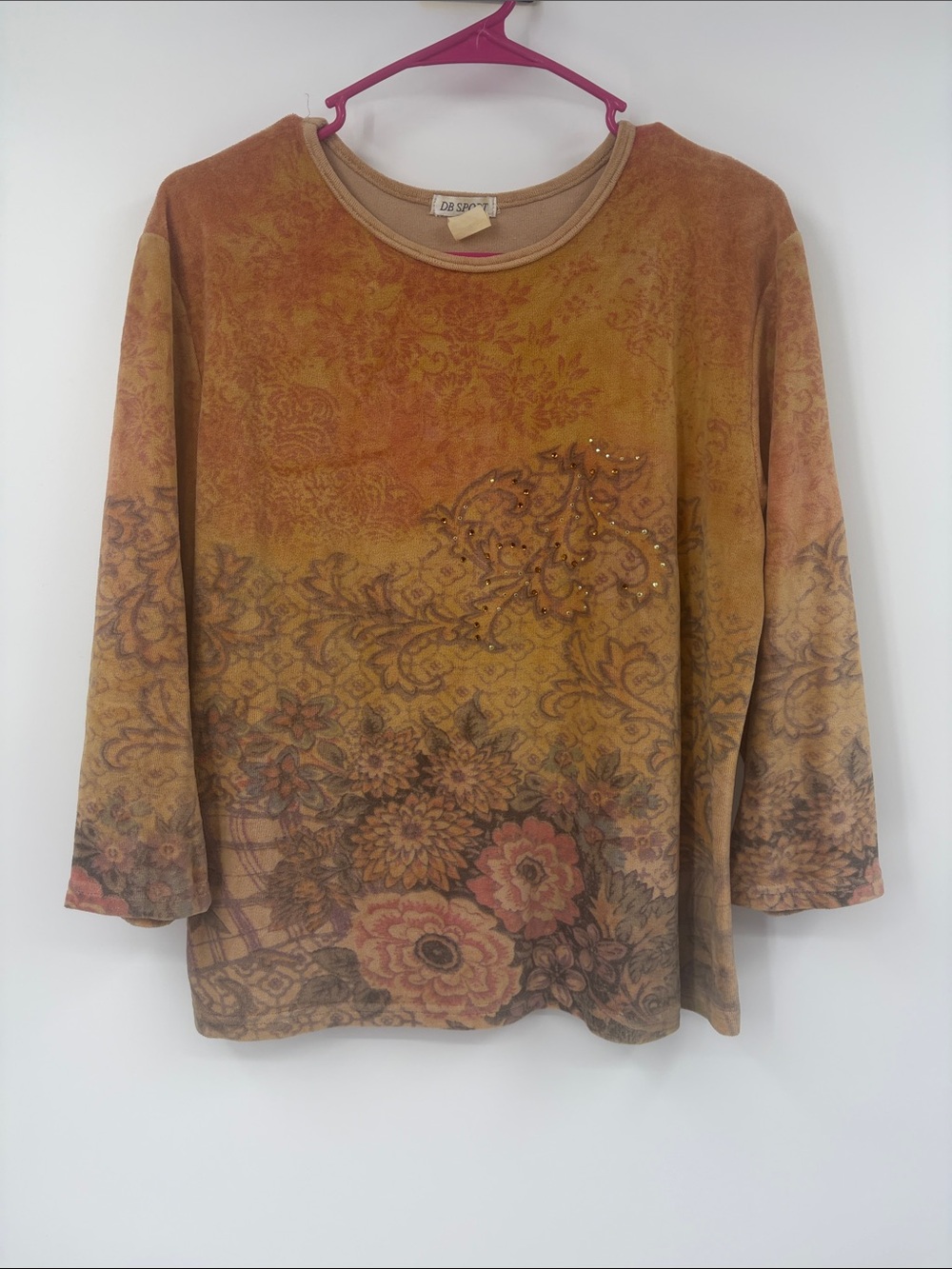 Vintage DB Sport Floral Print Velour 3/4 Sleeve Top Size Small